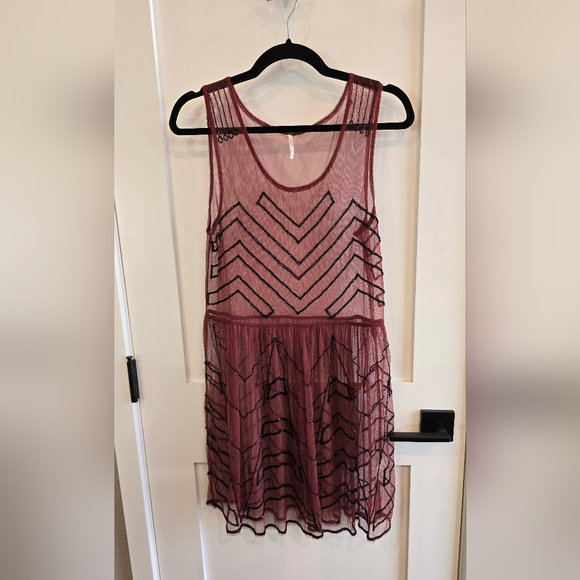 Free People Elegant Sheer Maroon Dress with Black Accents - Picture 1 of 6